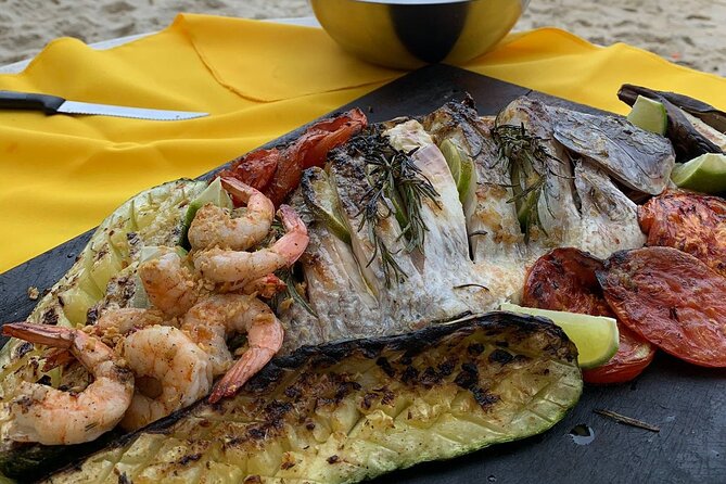 Cancun Beach Seafood Barbecue Class in a Kombi - The meal plan: salsa, cassava sticks, and seafood off the grill