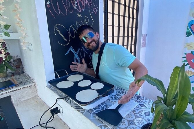 Elaboration of tortillas by hand following the Mexican tradition - Your Tacos: 5 Per Person, With Beans, Cheese, Onion, and Sauces